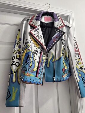 Azaleah Wang Silver Blue Studded Leather Jacket Like New